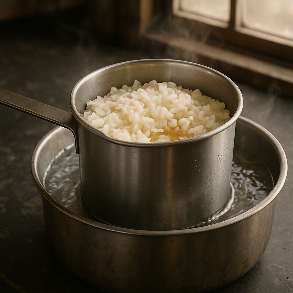 Off-white soy wax flakes are melting at the bottom into golden liquid wax, with steam rising and natural light highlighting the metal and countertop imperfections.