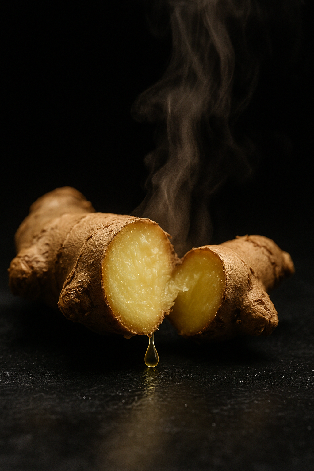 Macro of freshly snapped ginger root steaming on wet slate, with a pale-yellow essential-oil droplet sagging from the break.