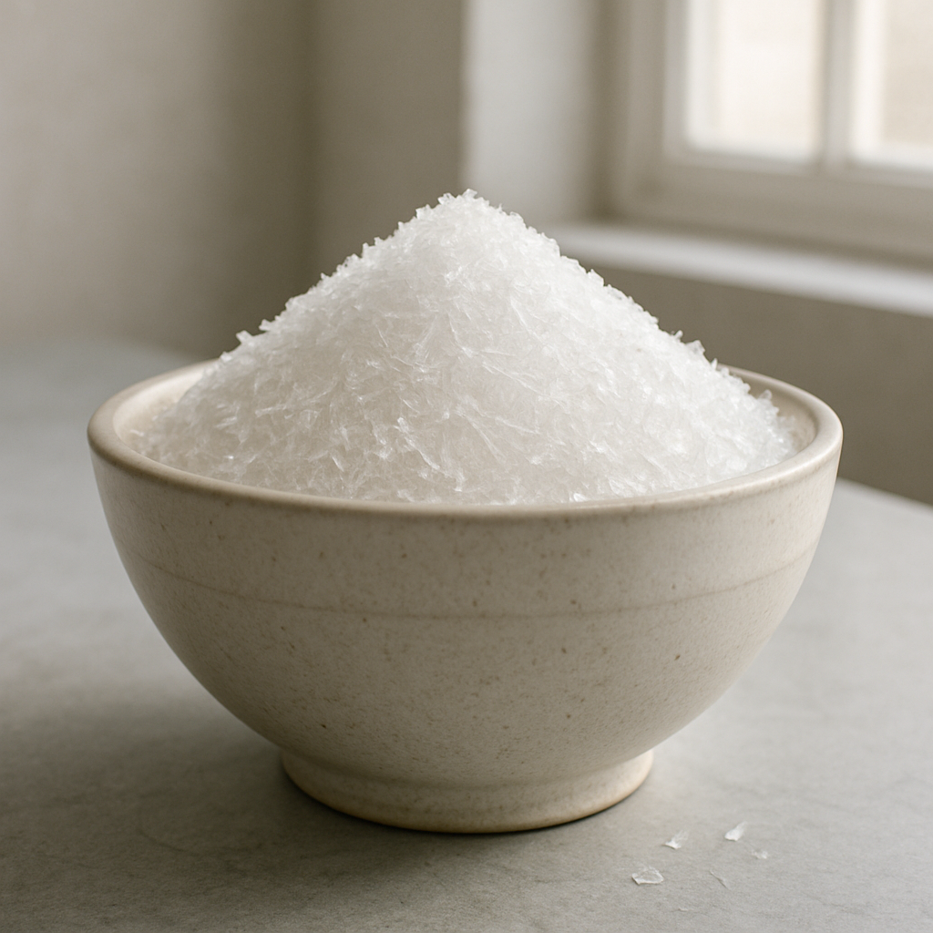 A photorealistic product shot of a matte off-white stoneware bowl filled to the brim with fine, needle-like Epsom salt crystals.