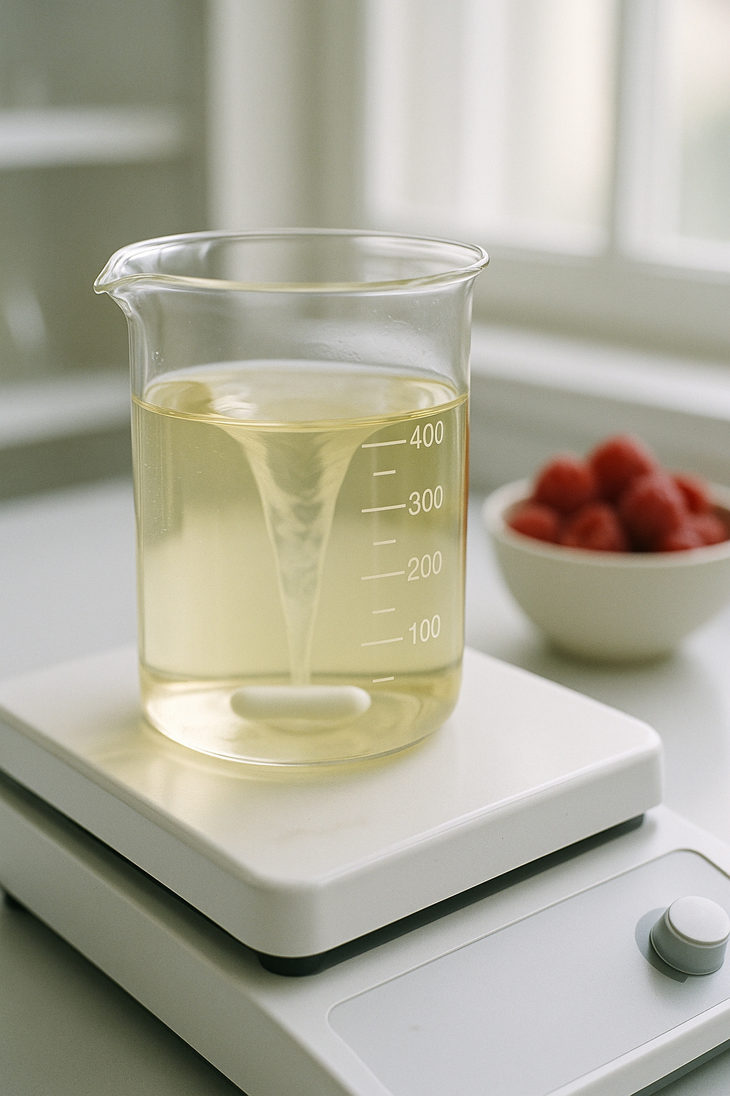 A photorealistic lab scene showing a clear glass beaker on a white magnetic stir plate, filled with a pale-yellow erythrulose solution swirling around a spinning stir bar. In the background, a porcelain bowl of fresh raspberries