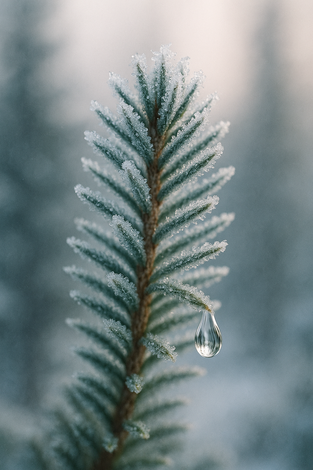 Macro of a frost-covered fir needle sprig with a single clear essential-oil droplet sagging from the tip, lit by cool winter sunrise against a softly blurred forest.