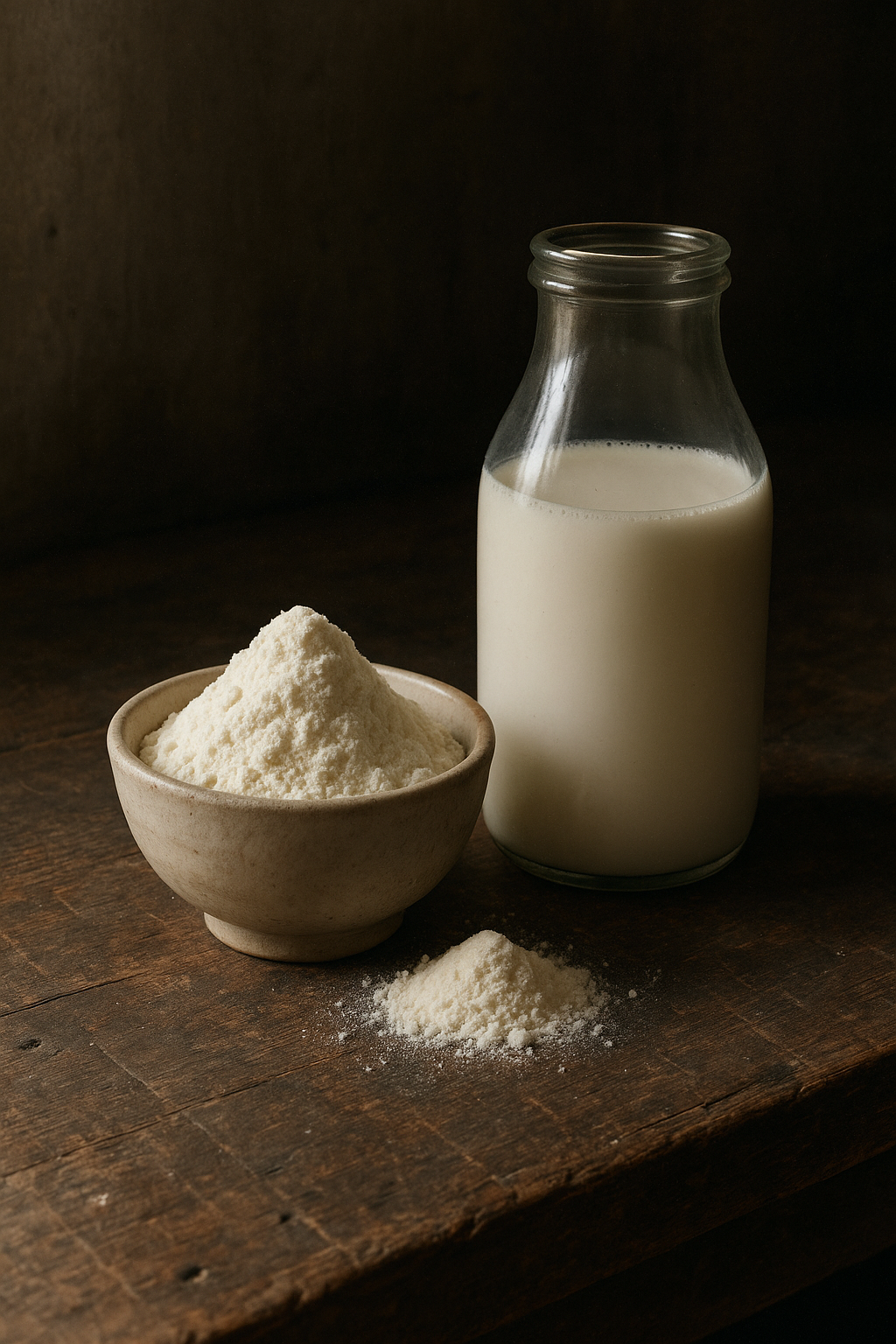 Unglazed ceramic bowl of organic goat milk powder beside a vintage glass bottle of reconstituted milk on a weathered wooden workbench.