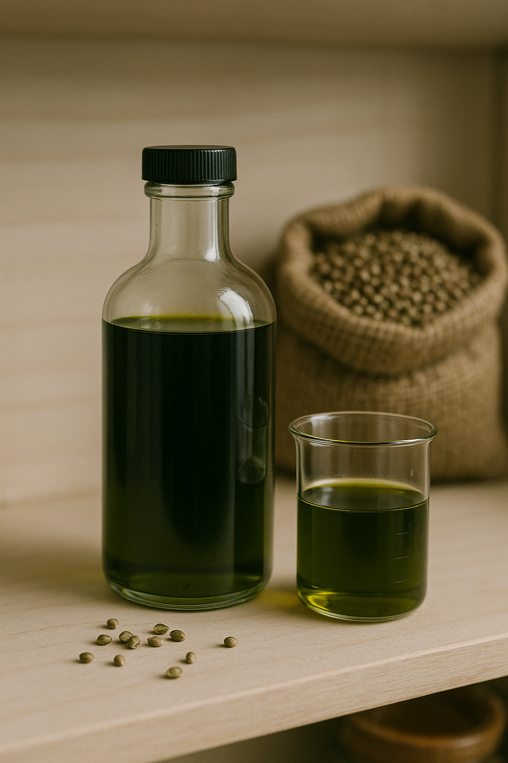 A photorealistic shot of a clear glass bottle filled with rich green hemp seed oil, standing beside a small beaker containing the same oil. Behind them is a burlap sack of raw hemp seeds in soft focus, with a few loose seeds scattered