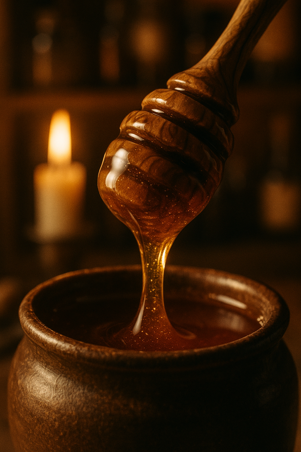 A sensual, photorealistic macro of a hand-carved olivewood honey dipper lifting thick amber honey from a rustic earthenware crock, side-lit by warm candlelight, showing honey’s glossy viscosity and natural imperfections.