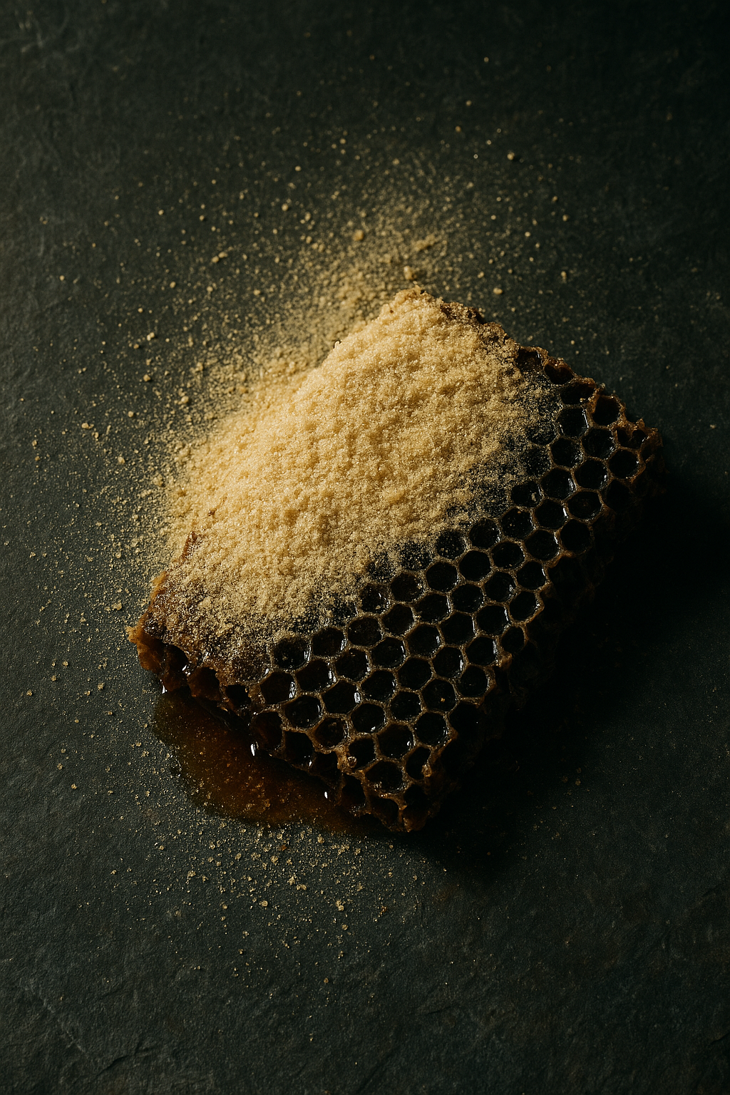 Raw honeycomb on dark slate, heavily dusted with pale golden honey powder; warm side light reveals crystals and waxy cells.