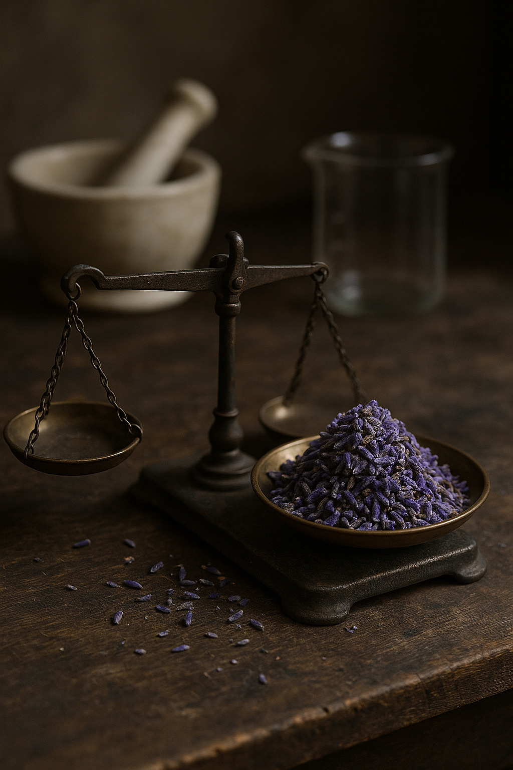 Vintage brass apothecary scale weighing organic lavender buds on a weathered wooden workbench, with mortar, pestle, and glass beaker softly blurred behind.