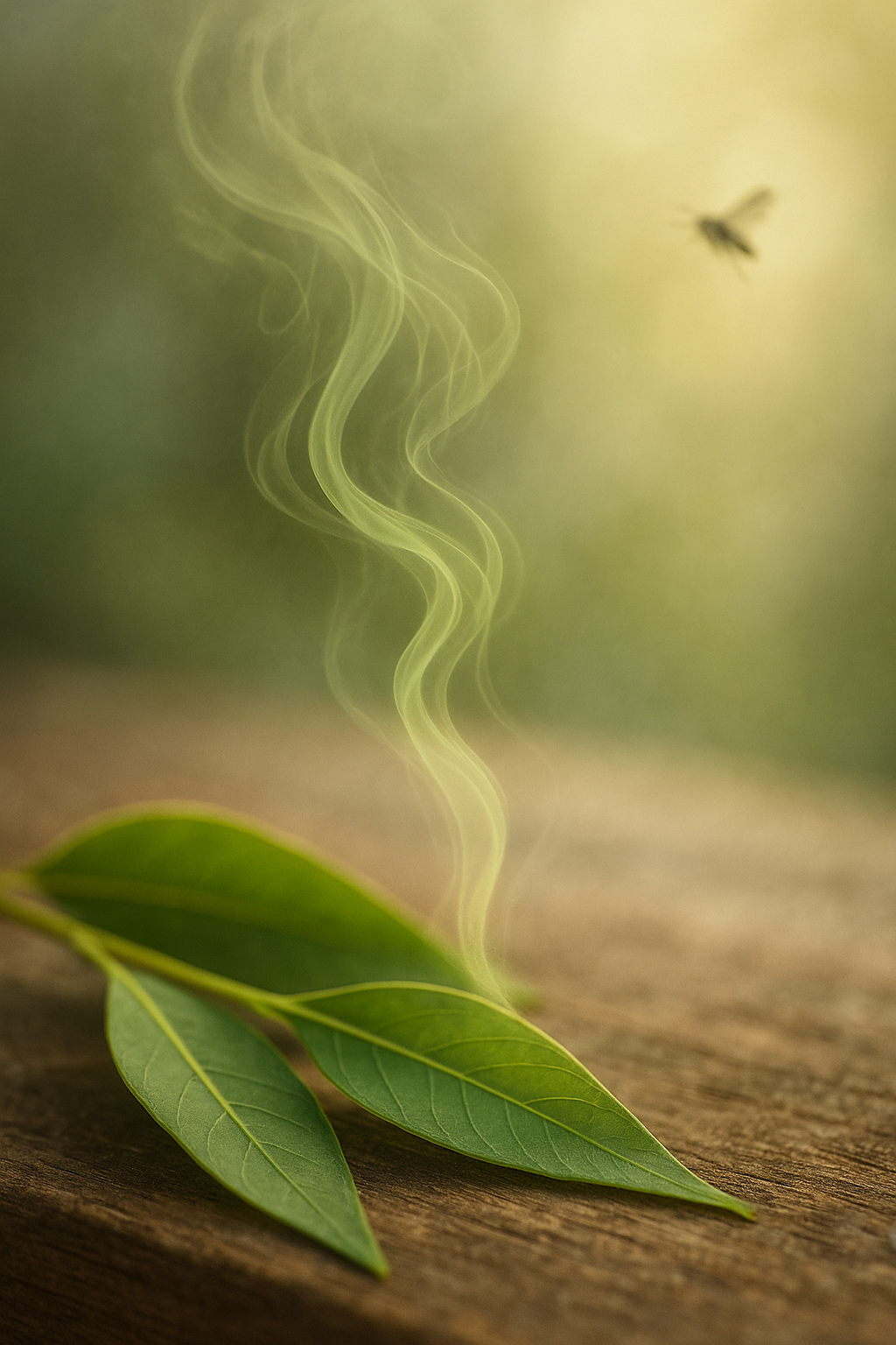 Macro of fresh lemon eucalyptus leaves on rustic wood with pale green aromatic vapor rising as a tiny insect drifts away in soft light.