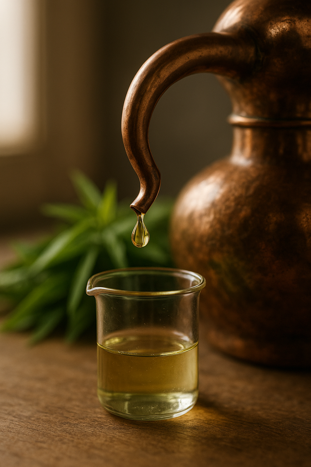 Close-up of a patinated copper alembic spout releasing a pale green-gold lemon verbena essential oil droplet into a clear glass beaker, fresh verbena leaves softly blurred behind.