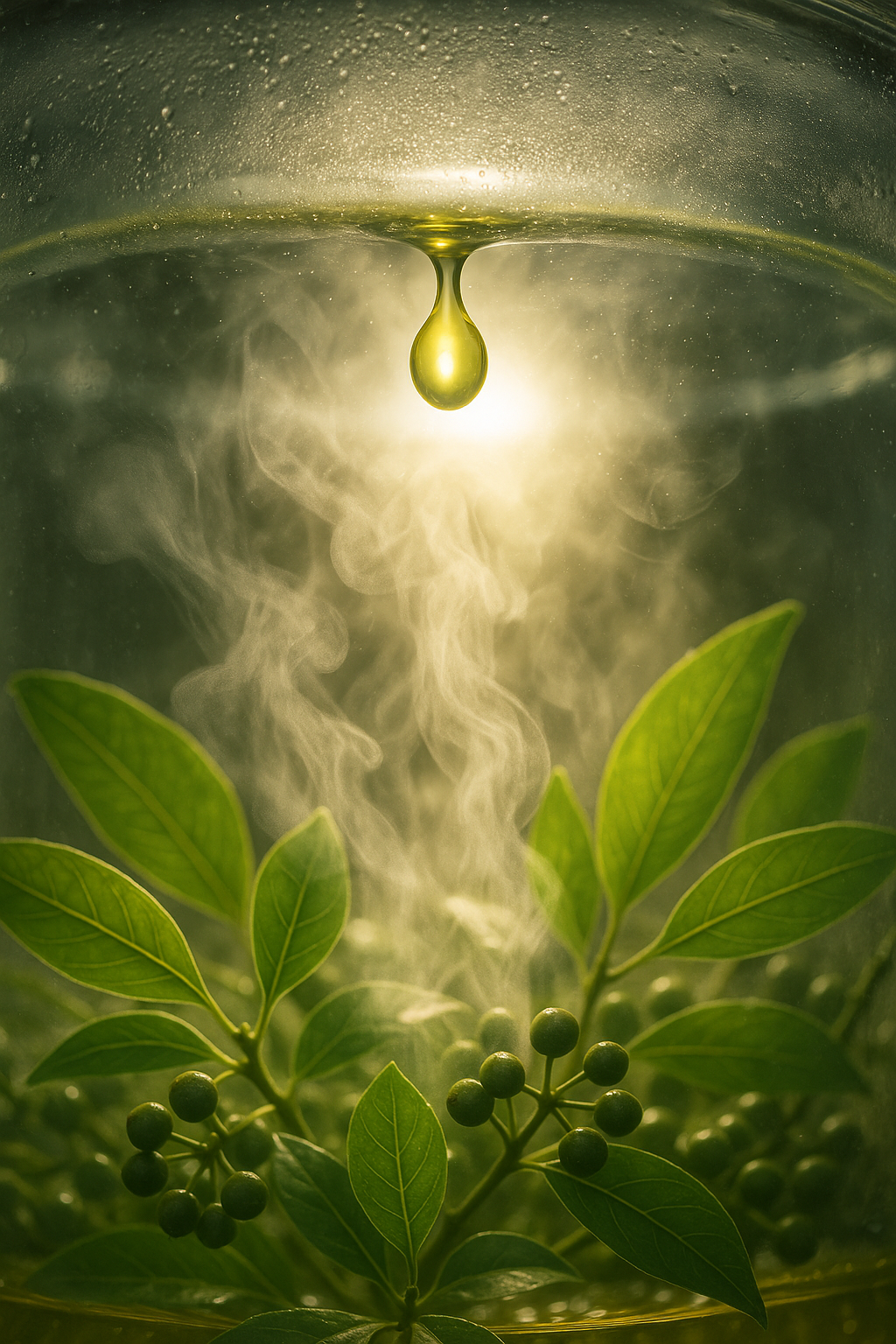 Inside a clear distillation vessel, glowing steam passes over litsea cubeba leaves and pepper-like berries while a pale lemon-yellow oil droplet gathers on the cool glass above, about to fall.