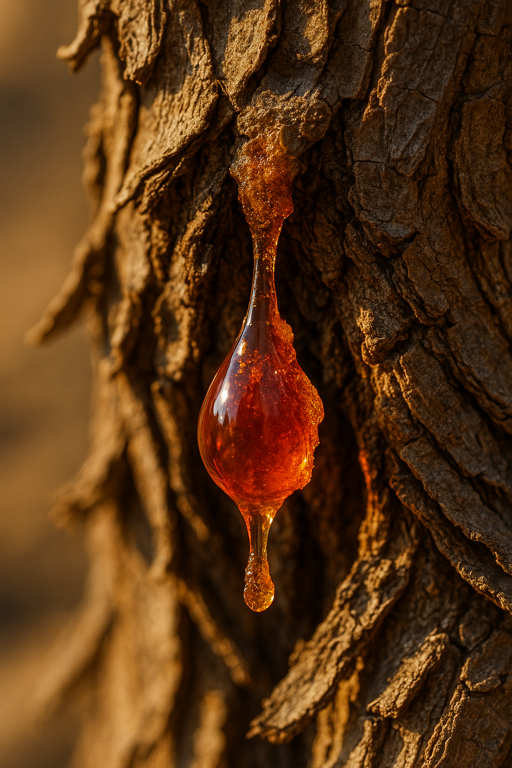 Macro of myrrh resin tearing from gnarled Commiphora bark in desert light, a reddish-amber drop with crystallized, opaque edges.