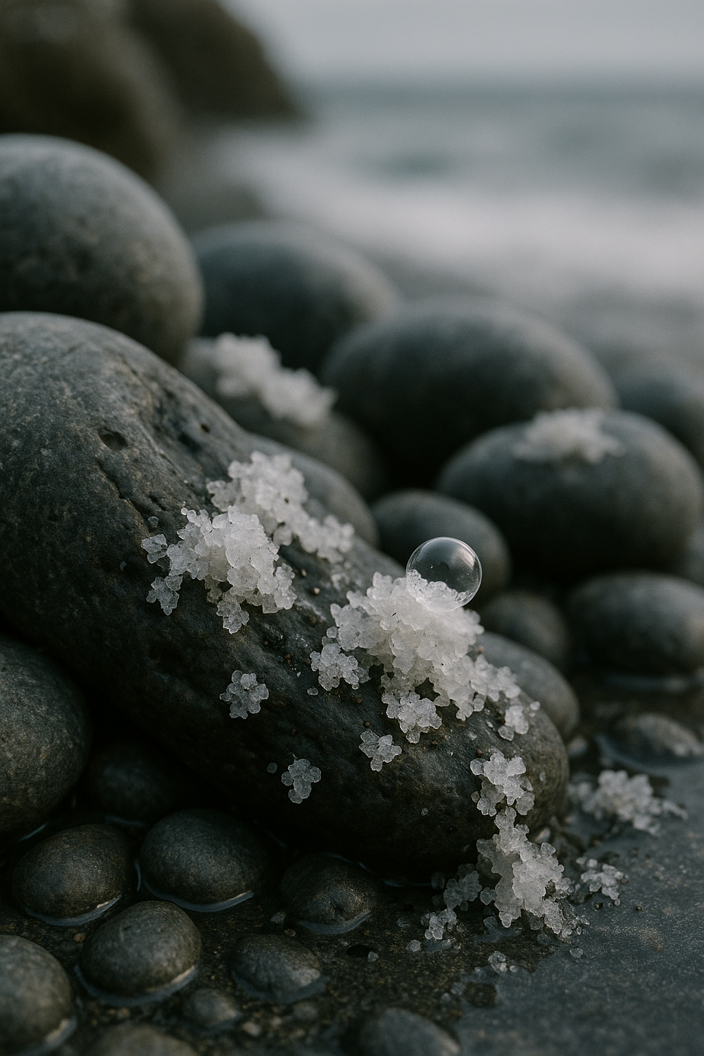 Close-up of smooth, wet grey beach stones with natural clusters of Pacific sea salt crystals in their crevices, highlighted by a fragile, iridescent seafoam bubble resting on one crystal, softly lit under an overcast coastal sky.
