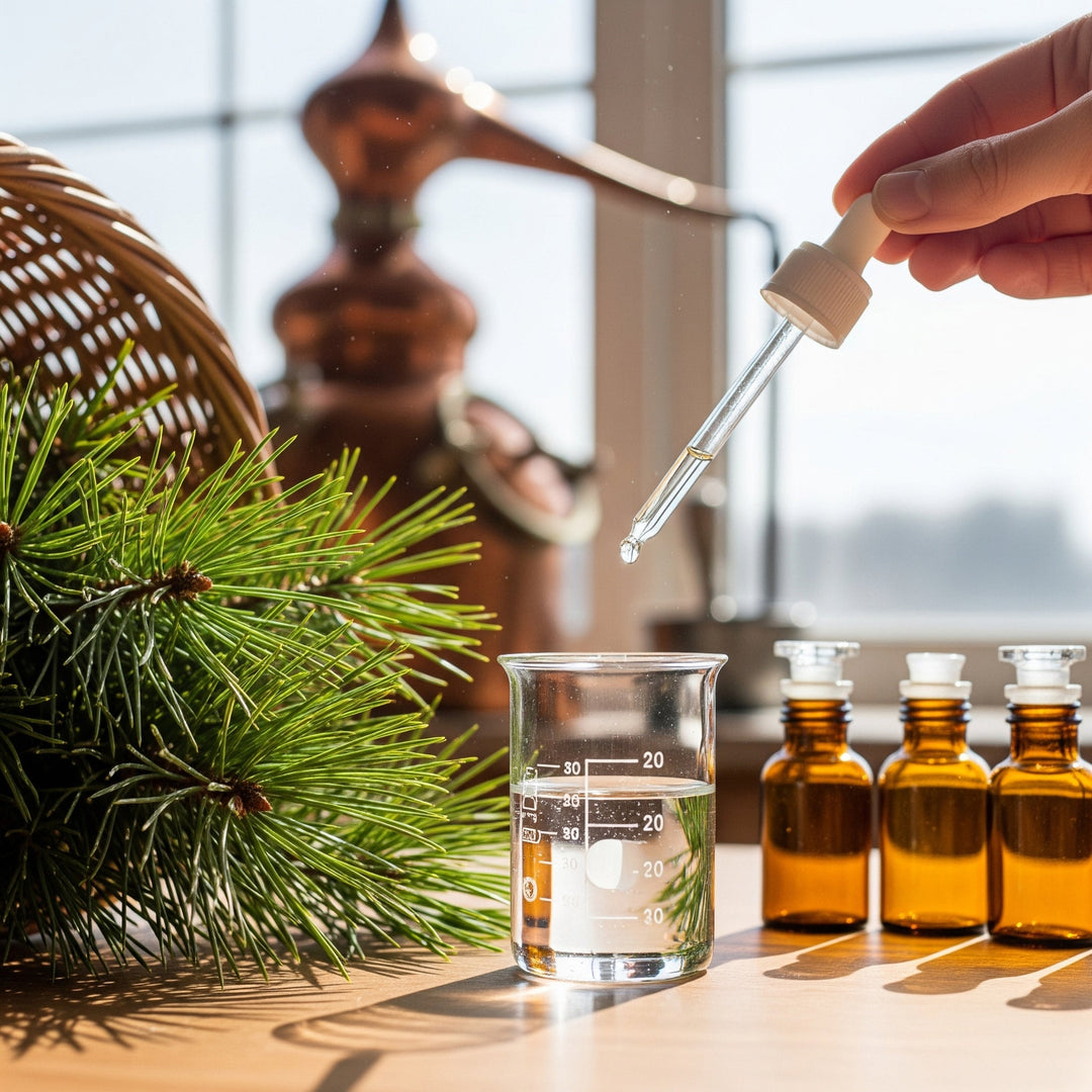 A bright photograph of an apothecary workbench. Pine branches in a basket, a beaker of pine essential oil with a drop falling from a dropper, and a copper still are visible.