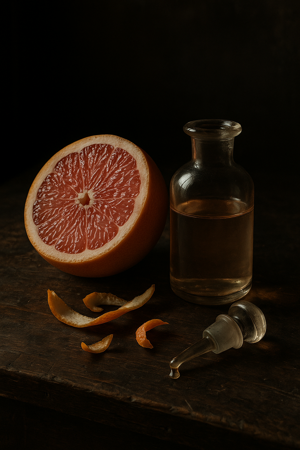 Pink Grapefruit essential oil still life on weathered wood with peels, glass stopper, and soft window light.