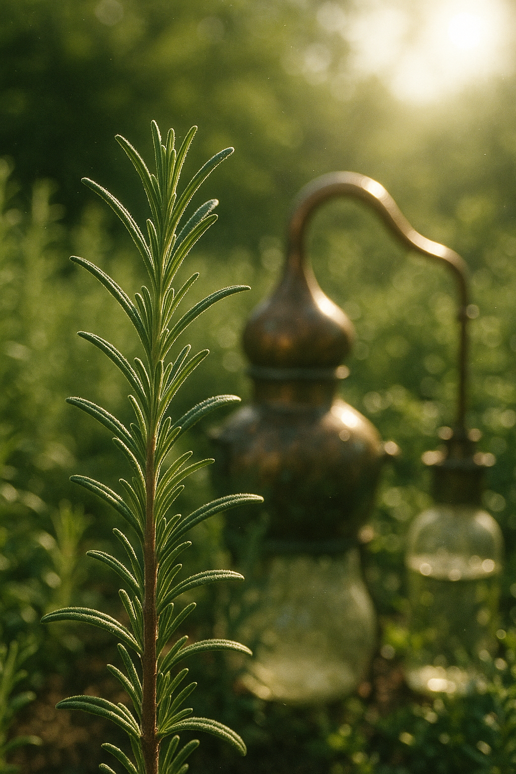 A photorealistic close-up of a rosemary stem in a sunlit apothecary garden, its needle-like leaves sharply detailed and backlit by morning light.