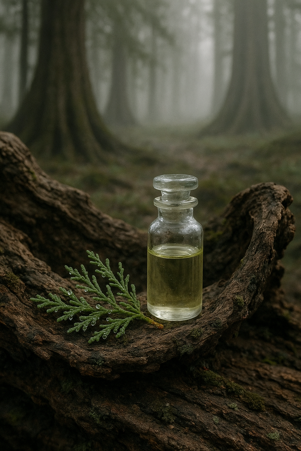 Glass vial of organic cypress essential oil beside a dew-beaded cypress sprig on weathered bark in a misty grove.