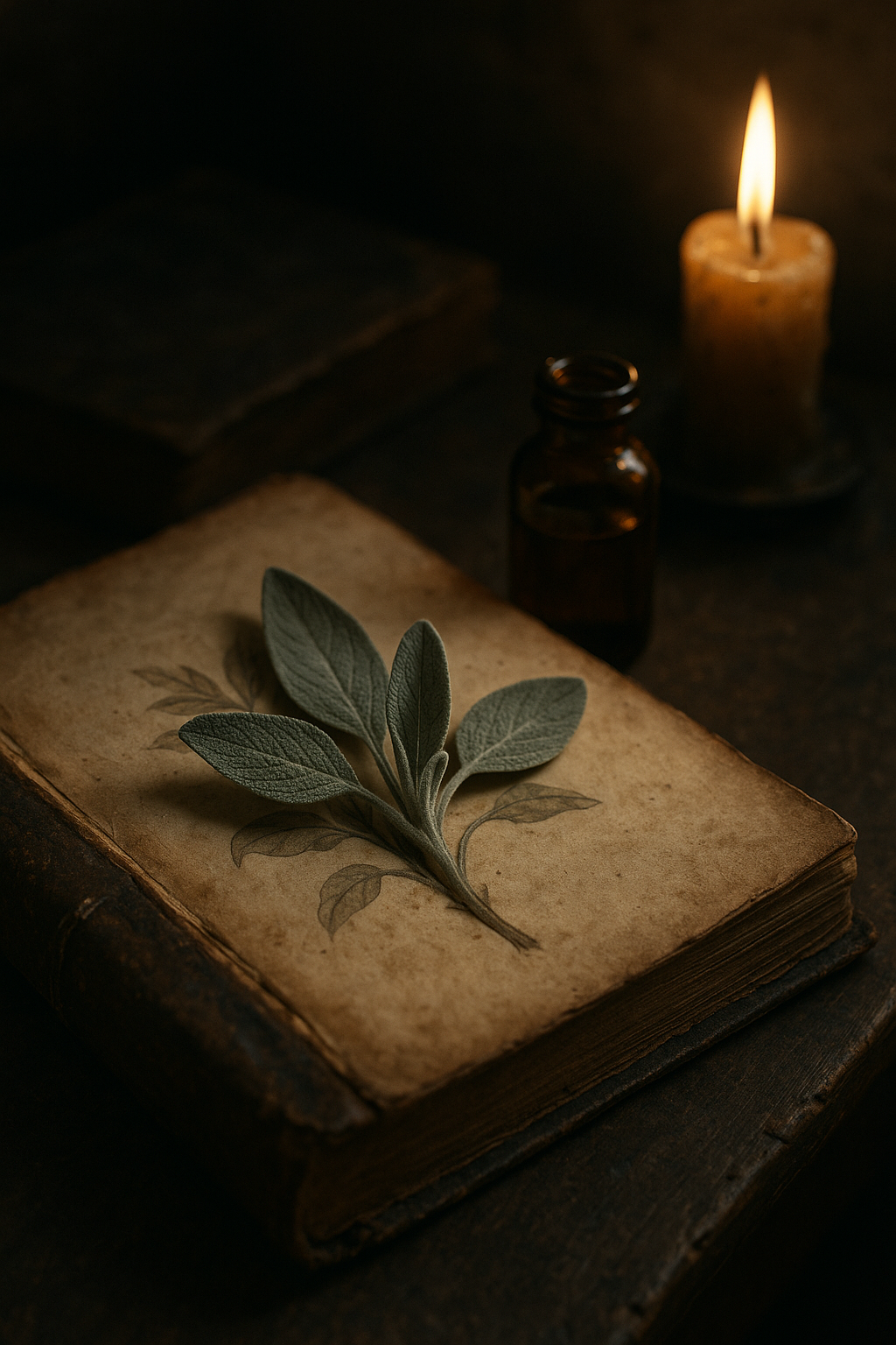 fresh sage sprig on an antique herbal manuscript beside an amber vial, lit by a single candle