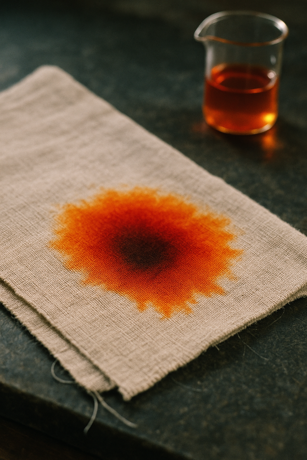 a vibrant reddish-orange sea buckthorn oil spill soaking into unbleached linen cloth on a dark slate surface, with a glass beaker of oil 