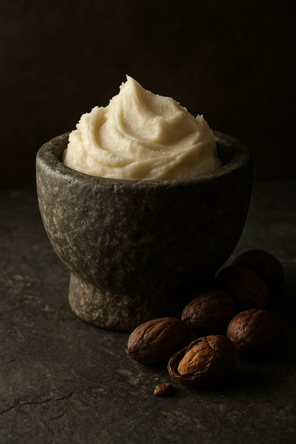 Stone mortar filled with creamy, off white shea butter on dark slate, swirled peaks visible; raw shea nuts beside it, one cracked open.