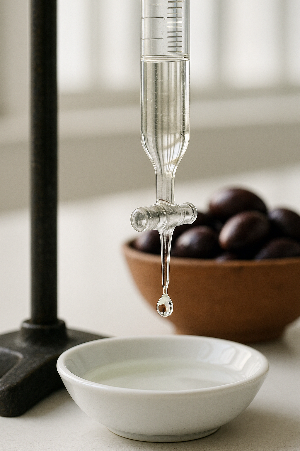 A photorealistic image of a glass burette releasing a single clear droplet of squalane oil into a white porcelain dish, with a terracotta bowl of Kalamata olives softly blurred in the background.