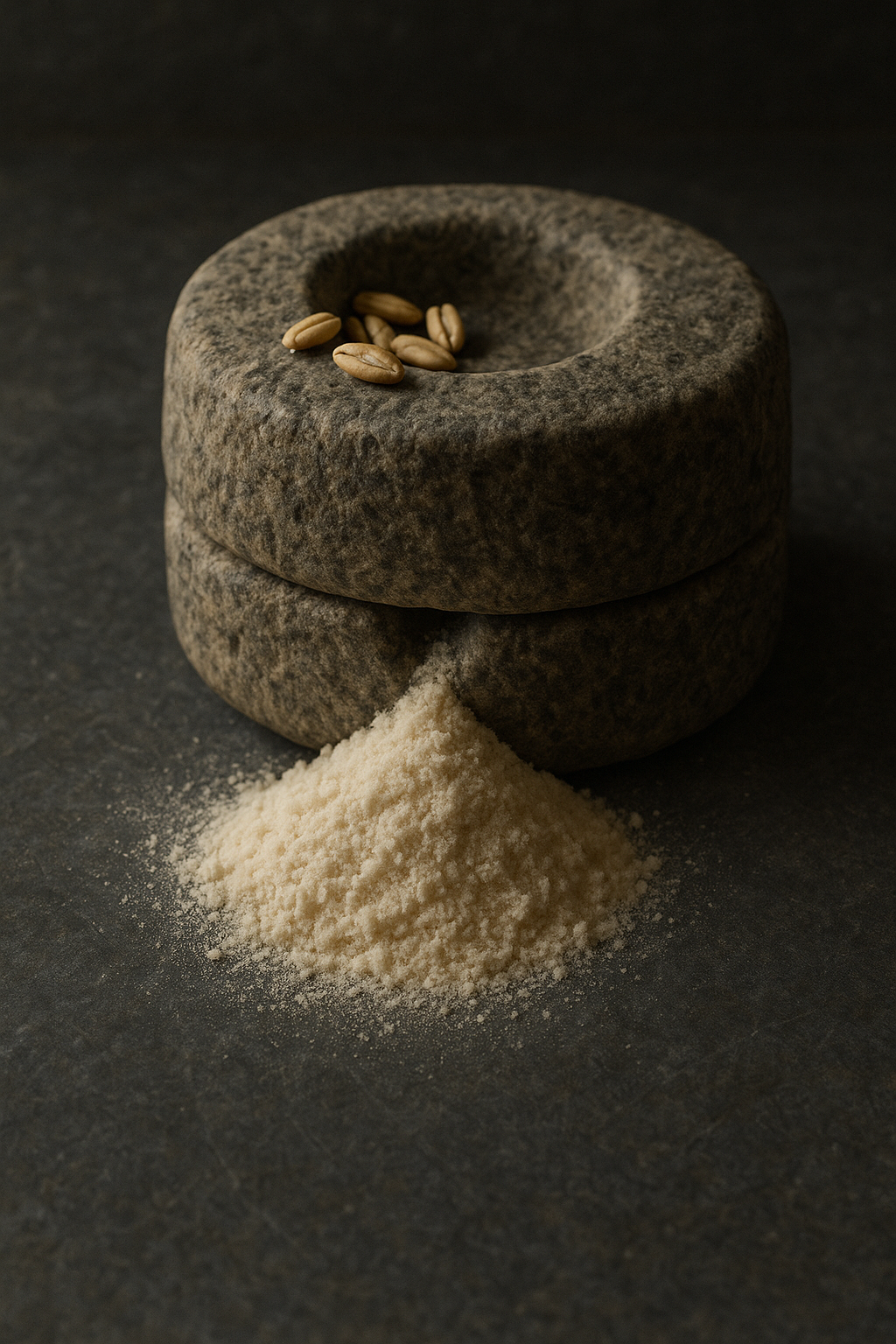  A small stone hand mill rests on a weathered slate surface. A few oat groats sit near the top opening while a delicate pile of finely ground oatmeal spills out below, lit from one side.