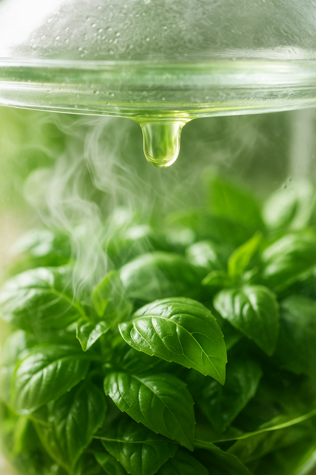 Condensing droplet of sweet basil essential oil on a glass lid above steaming fresh basil leaves inside a distiller.