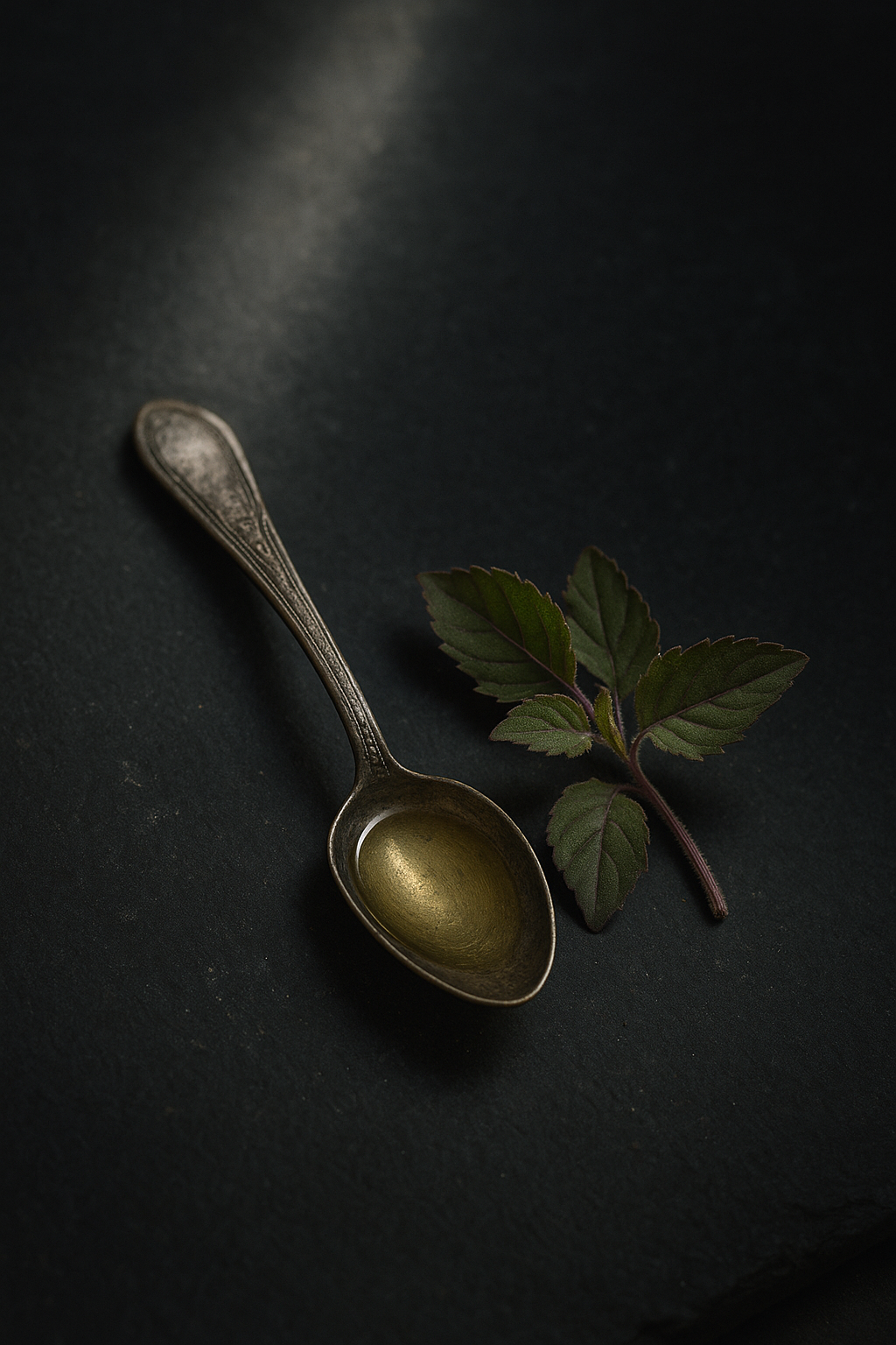Antique silver spoon holding pale green Tulsi (Holy Basil) essential oil on dark slate beside a purple-tinged Tulsi sprig.