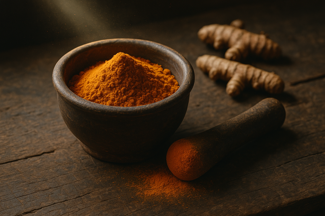 Photorealistic image of a dark terracotta mortar and pestle filled with vibrant orange turmeric powder on a rustic wooden surface, with fine turmeric dust on the pestle and whole dried rhizomes blurred in the background, lit by a shaft of natural light.