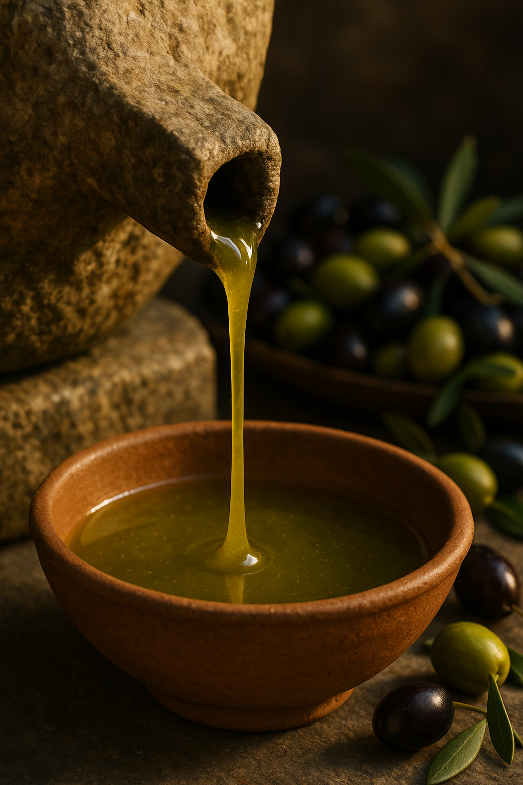 Macro of unfiltered, first cold press extra virgin olive oil streaming from a stone press into a terracotta bowl; cloudy golden green, olives blurred behind.