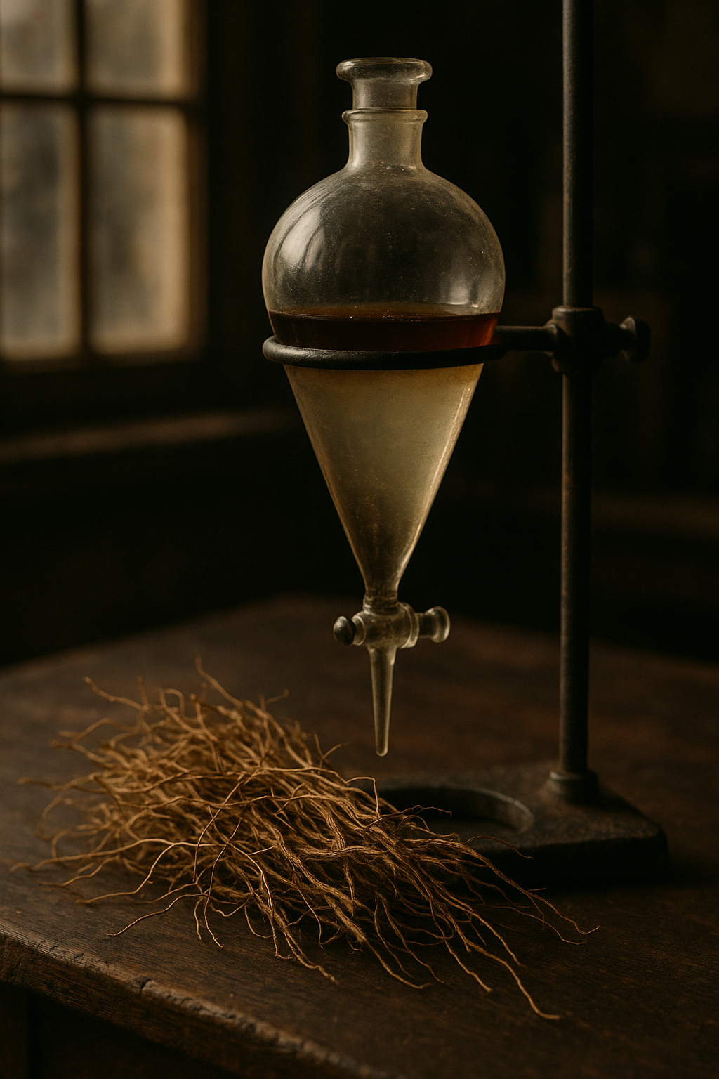 Apothecary still life showing oil–hydrosol layers in a glass funnel on an iron stand with patina; sharp, fibrous vetiver roots across the bench.