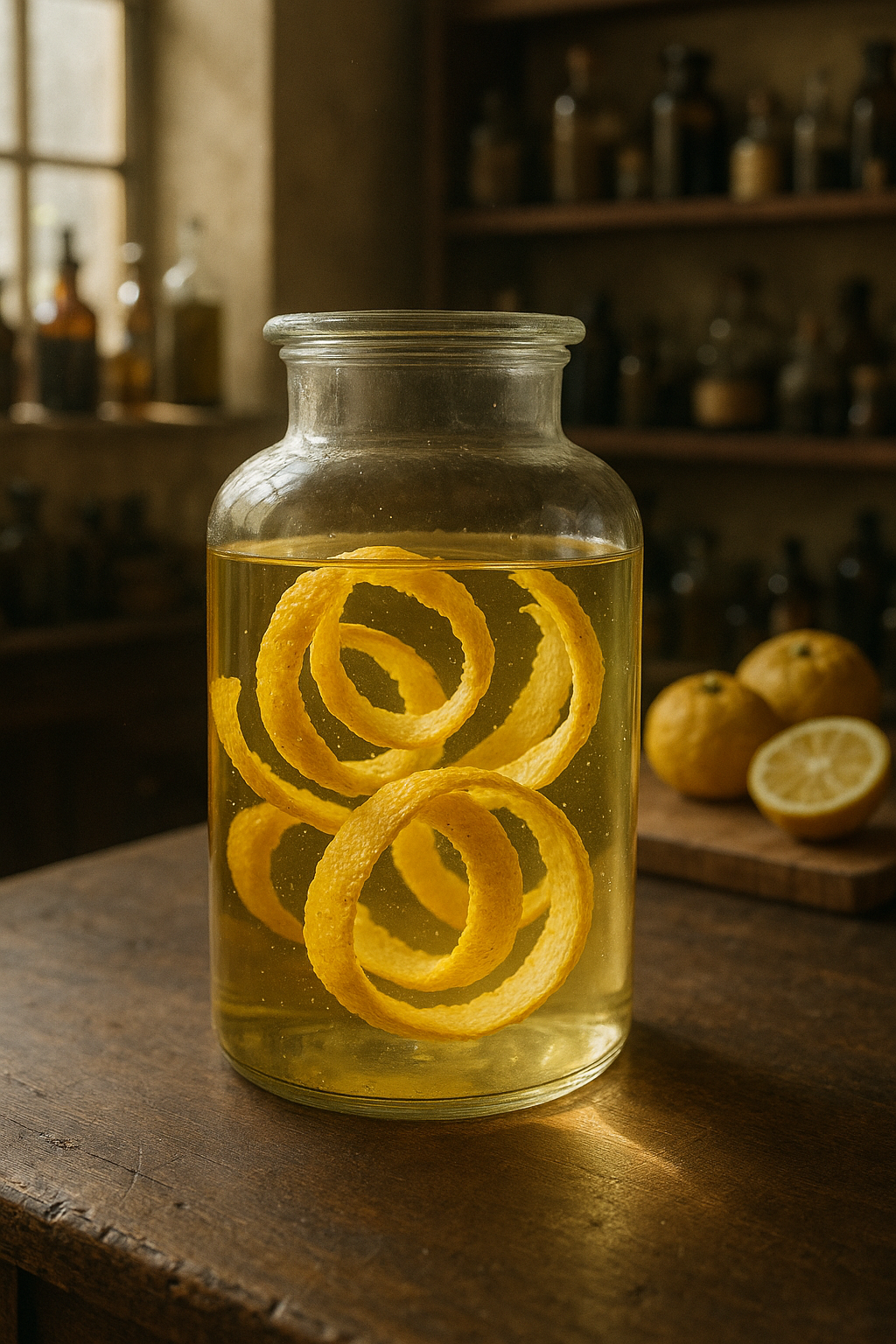 A photorealistic image inside a sunlit apothecary workshop, showing a large glass jar filled with golden oil and submerged spirals of bright yellow yuzu peel, resting on an aged wooden table with whole and halved yuzu fruits blurred in the background.