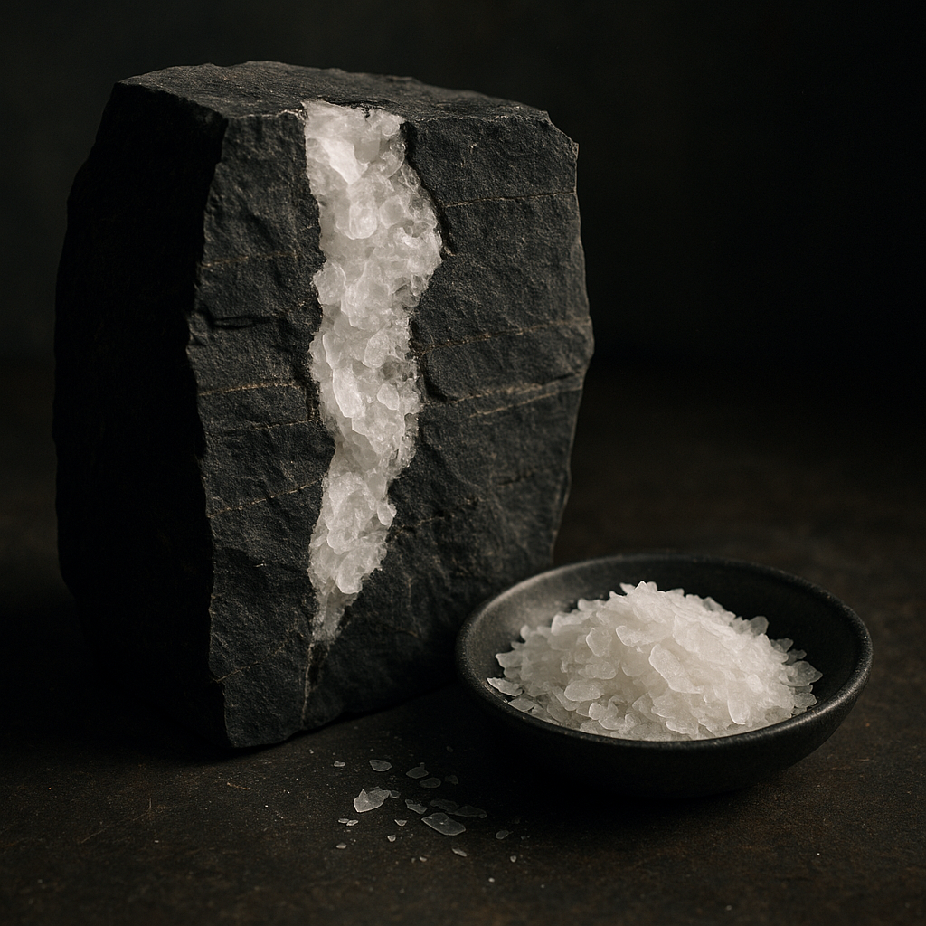 A photorealistic still life of a dark, layered rock core with a thick white crystalline vein of Zechstein magnesium chloride, shown beside a shallow slate dish filled with translucent magnesium chloride flakes