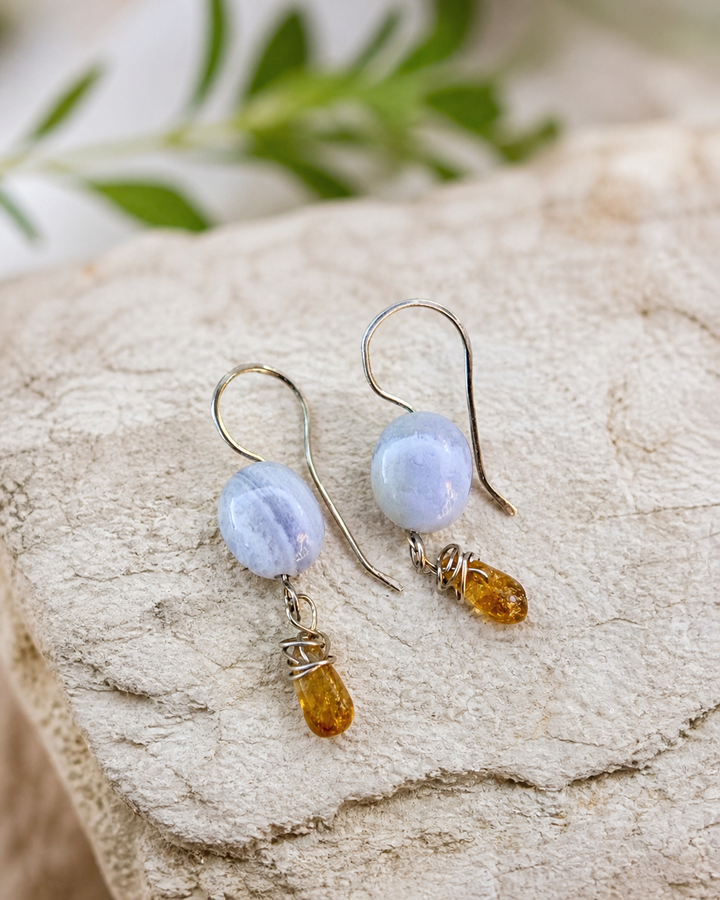 Blue Sky Citrine Earrings | Blue Lace Agate & Fine Silver Dangles Em'z Blendz Soap Co.