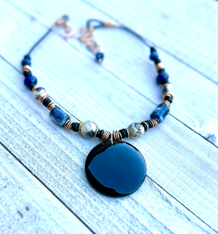 Black Onyx, Sodalite, Crazy Lace Agate Leather Necklace | Handcrafted Jewelry Em'z Blendz Soap Co.