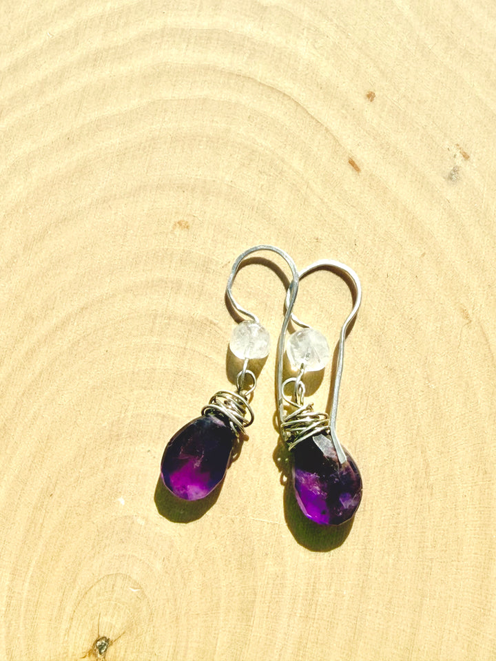Violet Moon Amethyst Earrings | Rainbow Moonstone & Fine Silver Dangles Em'z Blendz Soap Co.