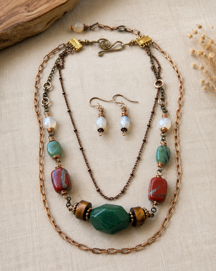 Forest Firelight Necklace & Earring Set | Aventurine & Moonstone