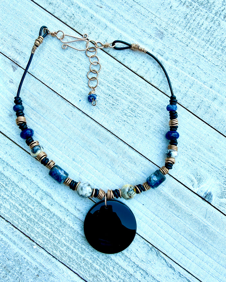 Black Onyx, Sodalite, Crazy Lace Agate Leather Necklace | Handcrafted Jewelry Em'z Blendz Soap Co.