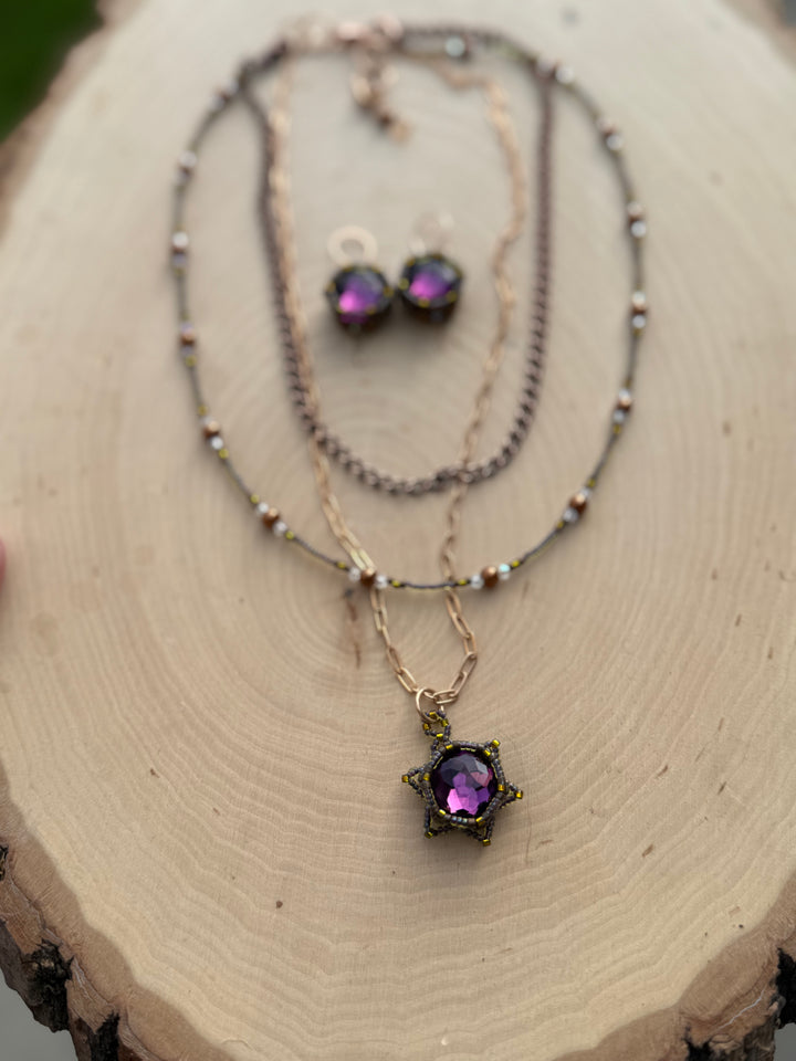 Handwoven Lotus Flower Layered Necklace | Amethyst Crystal & Copper Em'z Blendz Soap Co.