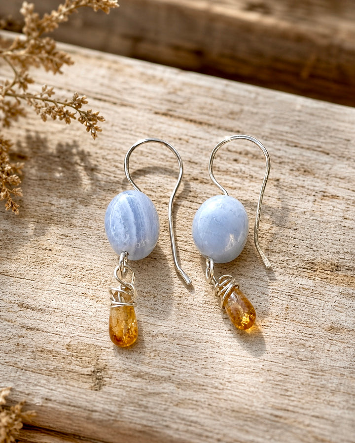 Blue Sky Citrine Earrings | Blue Lace Agate & Fine Silver Dangles Em'z Blendz Soap Co.