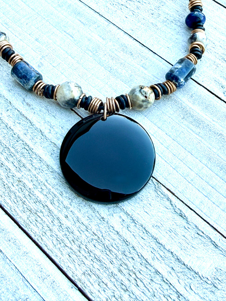 Black Onyx, Sodalite, Crazy Lace Agate Leather Necklace | Handcrafted Jewelry Em'z Blendz Soap Co.