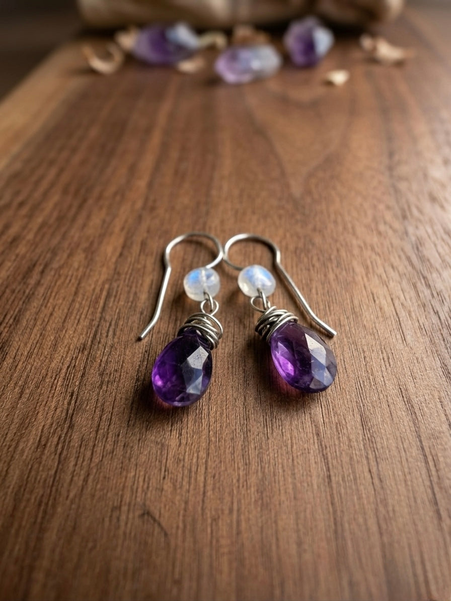 Violet Moon Amethyst Earrings | Rainbow Moonstone & Fine Silver Dangles Em'z Blendz Soap Co.
