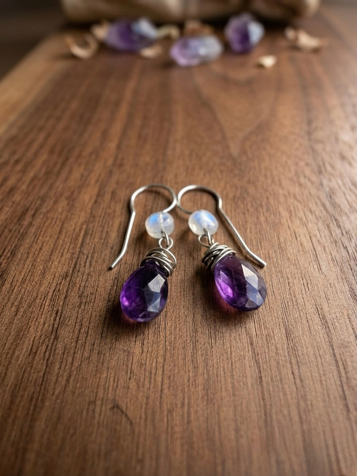Violet Moon Amethyst Earrings | Rainbow Moonstone & Fine Silver Dangles Em'z Blendz Soap Co.