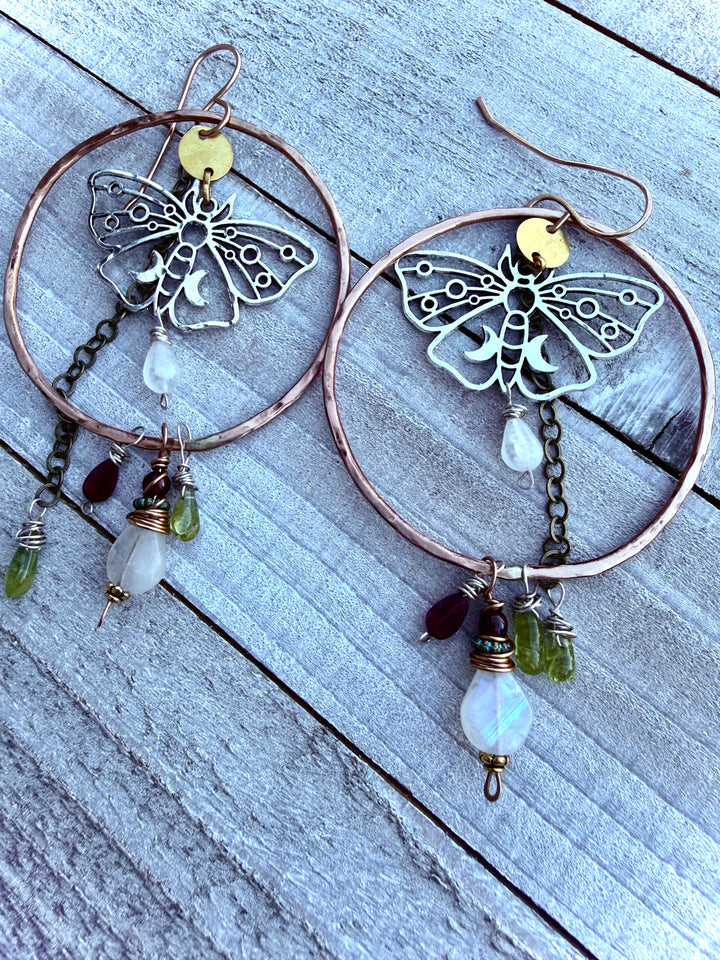 Luna Moth Talisman Earrings | Bronze, Peridot, Rainbow Moonstone & Rhodolite Garnet Em'z Blendz Soap Co.