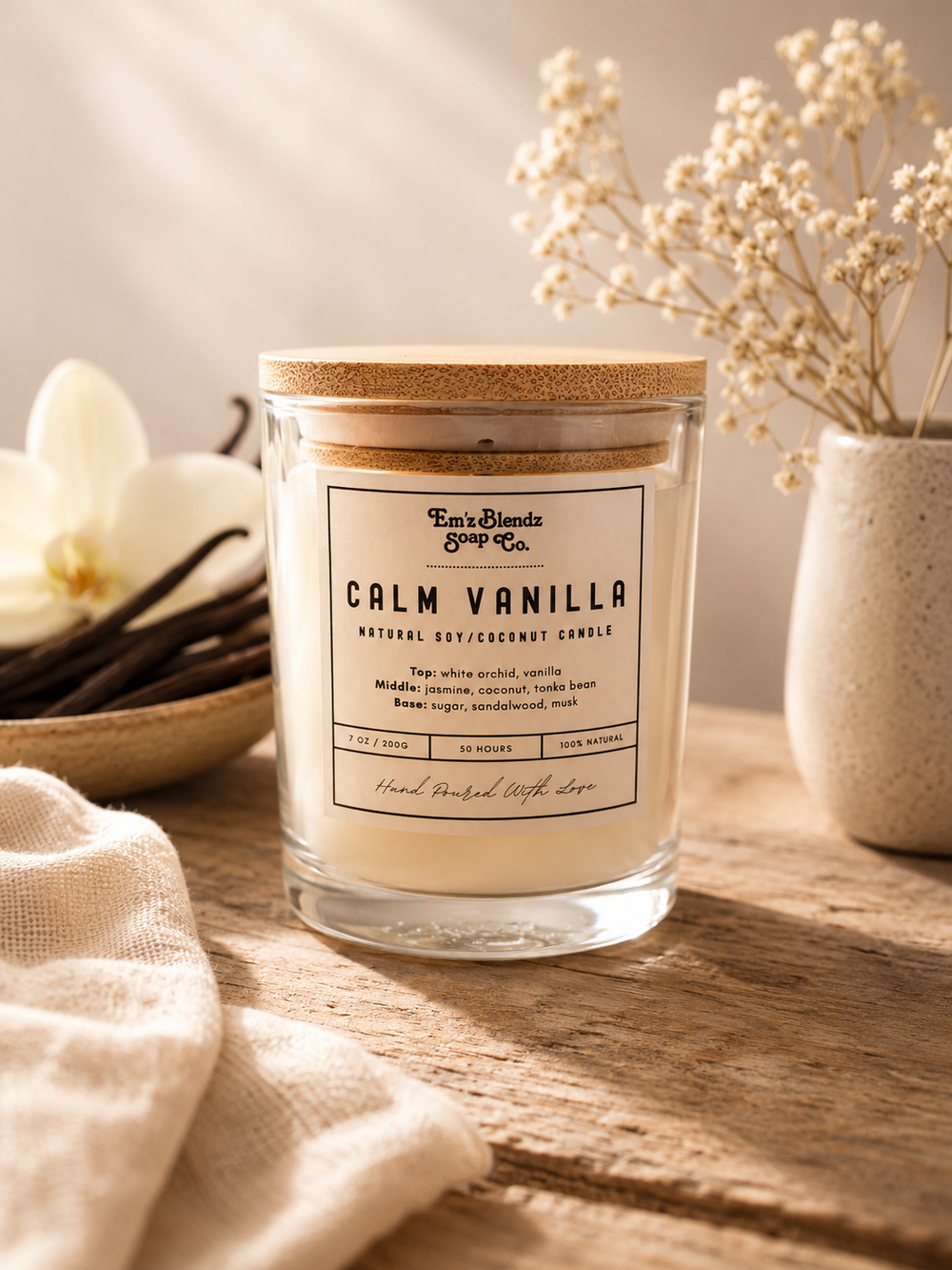 Calm Vanilla | Natural Wax Candle Em'z Blendz Soap Co.