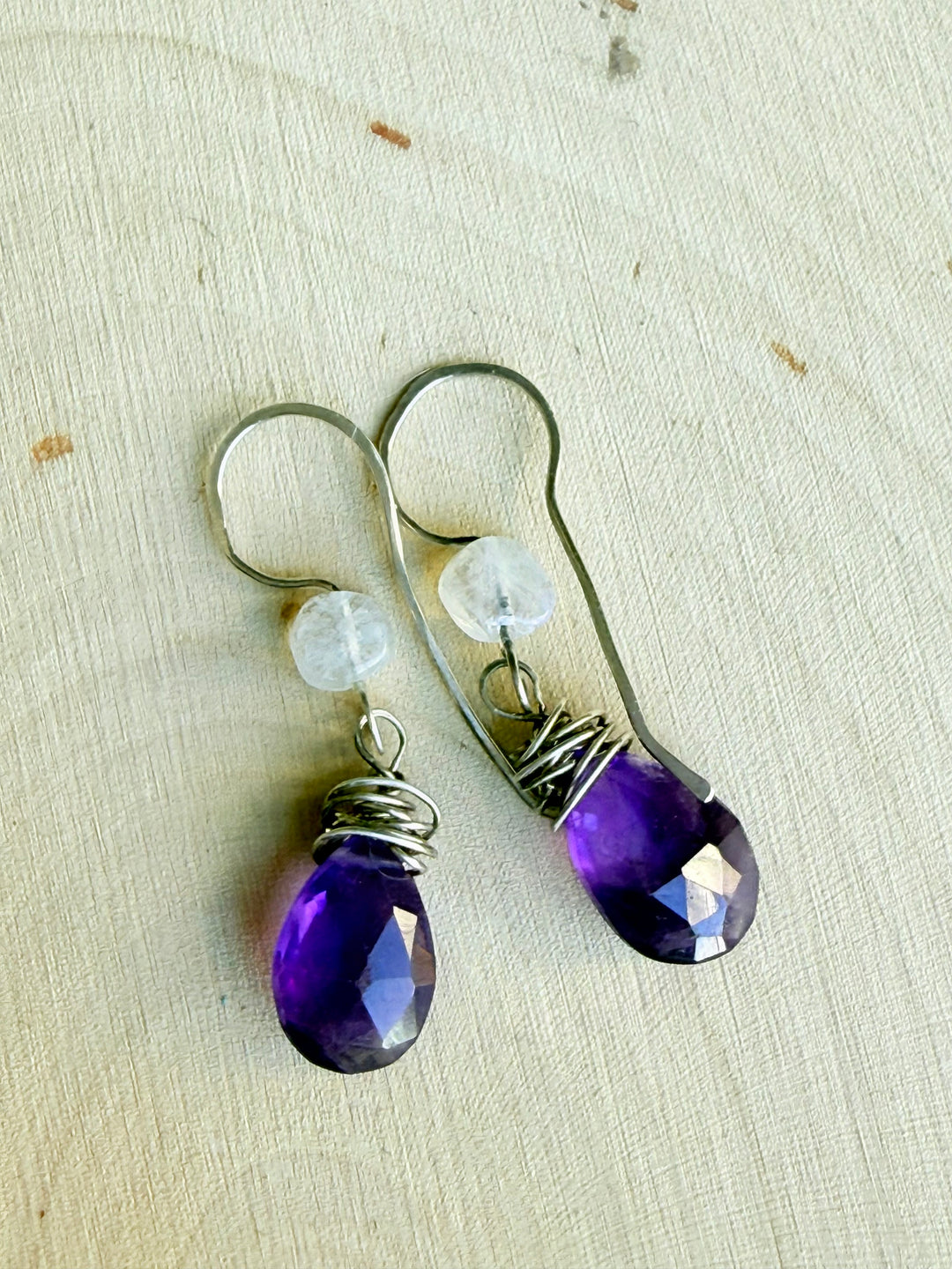 Violet Moon Amethyst Earrings | Rainbow Moonstone & Fine Silver Dangles Em'z Blendz Soap Co.