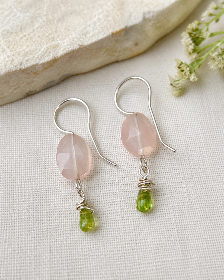 Bloom & Glow Rose Quartz Earrings | Rose Quartz & Peridot Fine Silver Dangles Em'z Blendz Soap Co.