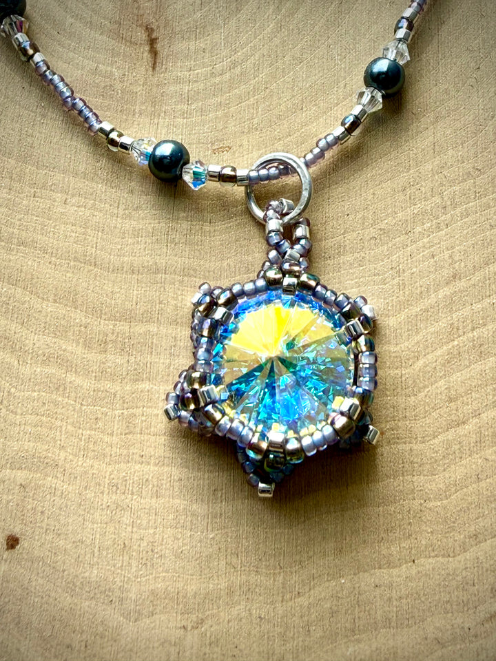 Handwoven Lotus Flower Layered Necklace | Color-Shifting Crystal & Silver Necklace only Em'z Blendz Soap Co.