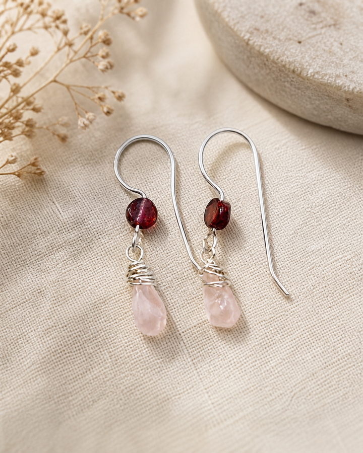 Raspberry Rose Earrings | Rhodolite Garnet & Rose Quartz Fine Silver Dangles Em'z Blendz Soap Co.