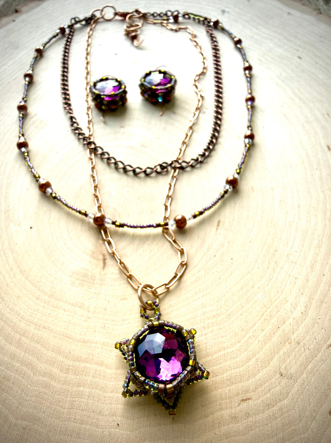 Handwoven Lotus Flower Layered Necklace | Amethyst Crystal & Copper Em'z Blendz Soap Co.
