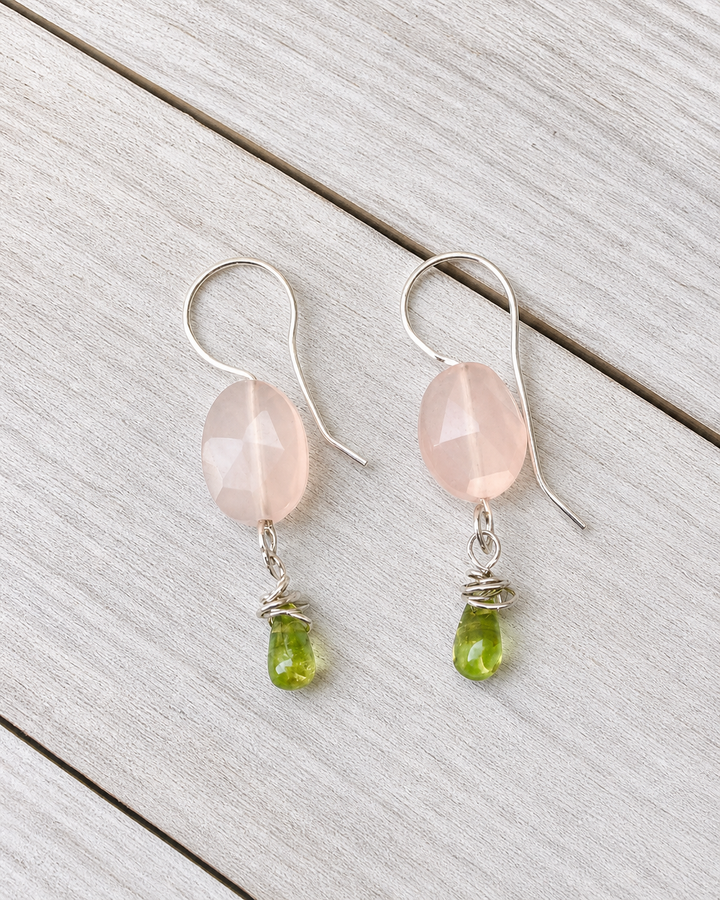 Bloom & Glow Rose Quartz Earrings | Rose Quartz & Peridot Fine Silver Dangles Em'z Blendz Soap Co.