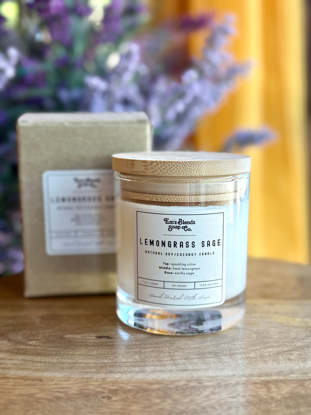 Lemongrass Sage Soy Wax Candle in Glass Jar with Bamboo Lid | Refreshing and Relaxing Aromatherapy Em'z Blendz Soap Co.